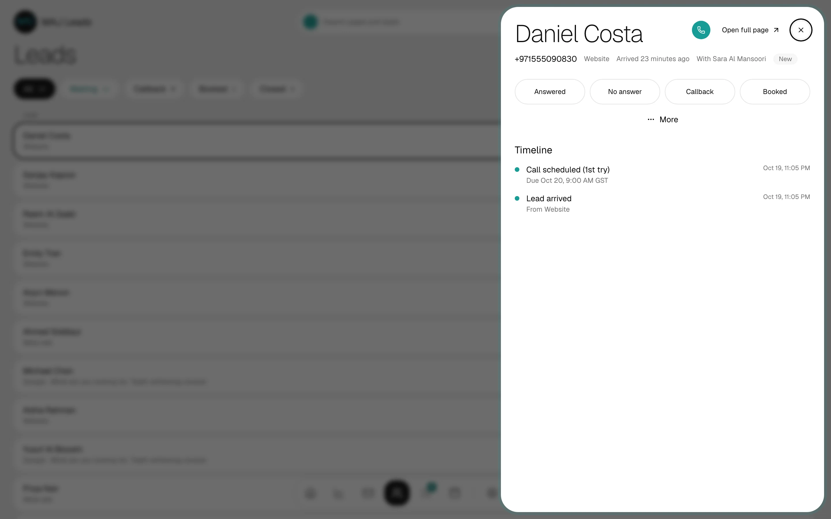 A lead opened in the side panel of the MAJ Leads Leads page: Answered, No answer, Callback and Booked buttons, and a timeline showing the lead arriving and its first call scheduled.