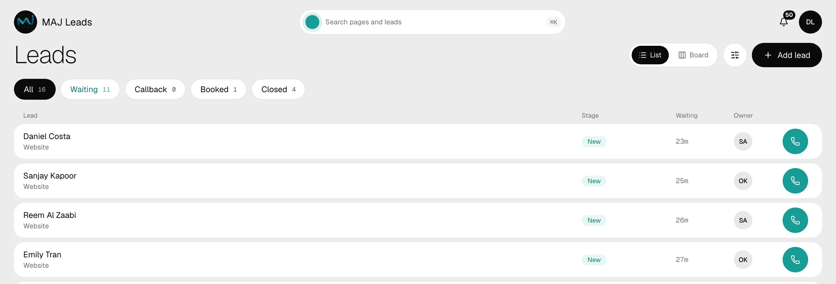 The MAJ Leads Leads page in the demo workspace: four new website leads at the top of the list, each waiting under half an hour, with stage pills for Waiting, Callback, Booked and Closed.